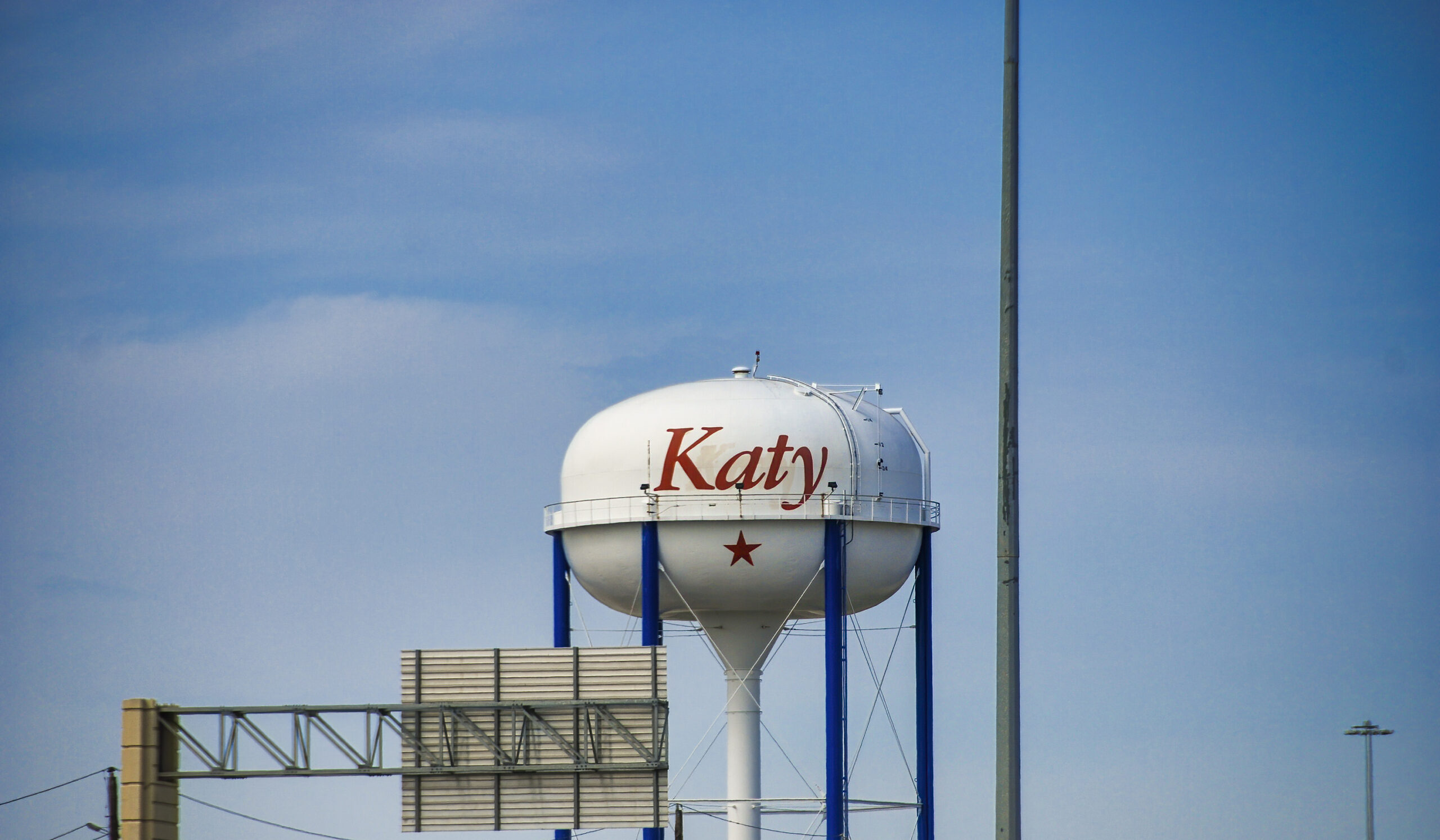 Katy welcome sign on a tower, Texas