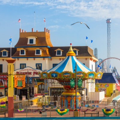 Galveston Island Historic Pleasure Pier illuminated at night