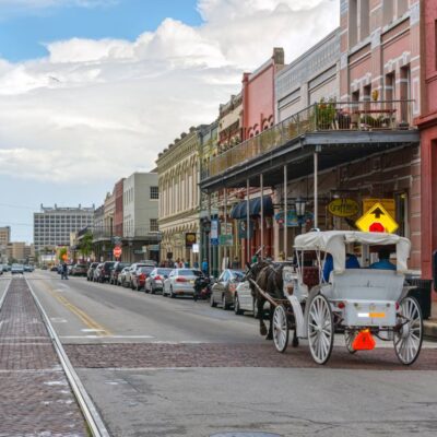 Vibrant street scene during Galveston ArtWalk