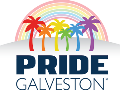 Pride Galveston Beach Bash celebration with colorful flags and beachgoers