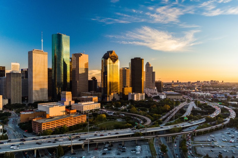 Houston Downtown Aerial at Sunset, Angled View with Highway 